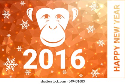 red, yellow monkey silhouette postcard low poly style with white snow vector illustration consisting of triangles. Abstract triangular polygonal origami or crystal background of New Years celebration.