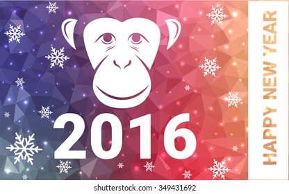 red, yellow monkey silhouette postcard low poly style with white snow vector illustration consisting of triangles. Abstract triangular polygonal origami or crystal background of New Years celebration.