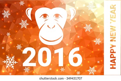red, yellow monkey silhouette postcard low poly style with white snow vector illustration consisting of triangles. Abstract triangular polygonal origami or crystal background of New Years celebration.
