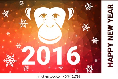 red, yellow monkey silhouette postcard low poly style with white snow vector illustration consisting of triangles. Abstract triangular polygonal origami or crystal background of New Years celebration.