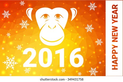 red, yellow monkey silhouette postcard low poly style with white snow vector illustration consisting of triangles. Abstract triangular polygonal origami or crystal background of New Years celebration.
