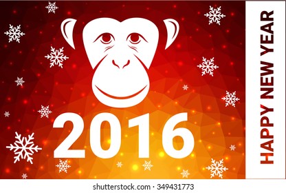 red, yellow monkey silhouette postcard low poly style with white snow vector illustration consisting of triangles. Abstract triangular polygonal origami or crystal background of New Years celebration.