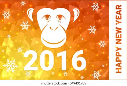 red, yellow monkey silhouette postcard low poly style with white snow vector illustration consisting of triangles. Abstract triangular polygonal origami or crystal background of New Years celebration.