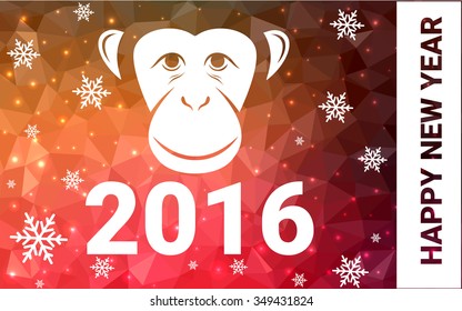 red, yellow monkey silhouette postcard low poly style with white snow vector illustration consisting of triangles. Abstract triangular polygonal origami or crystal background of New Years celebration.