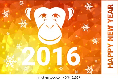red, yellow monkey silhouette postcard low poly style with white snow vector illustration consisting of triangles. Abstract triangular polygonal origami or crystal background of New Years celebration.