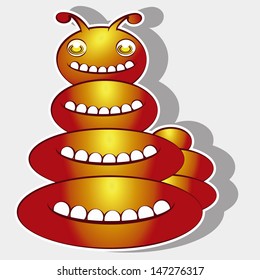 red with yellow monster composed of multiple circular bodies and several mouths with white teeth, white background.