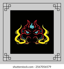 Red and yellow monster Dragon head with glowing eyes and fire emanating from the sides, on a dark background with geometric borders