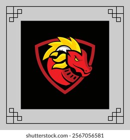 Red and yellow monster Dragon head with glowing eyes and fire emanating from the sides, on a dark background with geometric borders