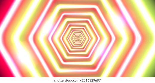 Caleidoscópio com hexágono de neon amarelo vermelho. Holograma trippy hipnótico psicodélico bg. Porta geométrica abstrata do teletransporte. Abstração ilusória de movimento vetorial