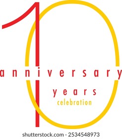 red and yellow number 10 years anniversary celebration, isolated on white background.