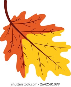 Red and yellow oak leaf vector with visible veins, perfect for autumn crafts, festive invitations, greeting cards, scrapbooking, decorations, and Thanksgiving-themed designs.


