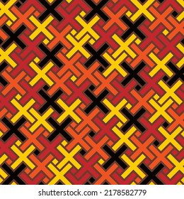 Red, Yellow, Orange, Black Colored Tiled Mosaic Crosses Seamless Pattern Textile Print. Geometric Ornament Cross Shapes Ordered Grid. South Africa Color Tribal Style Palette