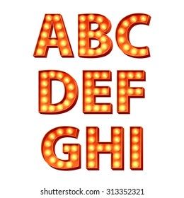 Red yellow orange bulbs lamps light glowing retro letters set. Abc alphabet text symbols vector illustration.