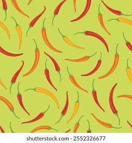 Red, Yellow and Orange Cayenne Peppers and a bright green seamless background. This festive pattern is fun and colorful. It would work great with a Spicy themed menu.