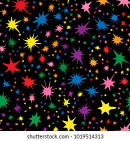 Red, yellow, orange, green, blue, violet rainbow colors paint blots seamless pattern on black. Abstract vector illustration of Indian festival Holi celebrations with colorful ink splash background