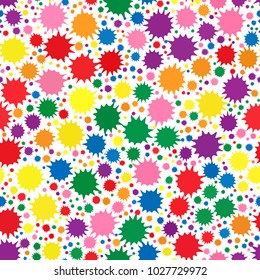 Red, yellow, orange, green, blue, violet rainbow colors paint blots seamless pattern on white. Abstract vector illustration of Indian festival Holi celebrations with colorful ink splash background