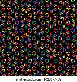 Red, yellow, orange, green, blue, violet rainbow colors firework splash dot seamless pattern on black. Abstract vector floral petal geometric 80, 90 pop ornament with colorful paint blots background