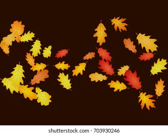 Red, yellow and orange oak leaf abstract background seasonal vector illustration. Autumn leaves falling graphic design. Fall season specific vector background. Oak tree autumn foliage.