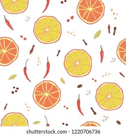 Red and yellow oranges with spices, seamless pattern, vector illustration, hand drawn sketch 