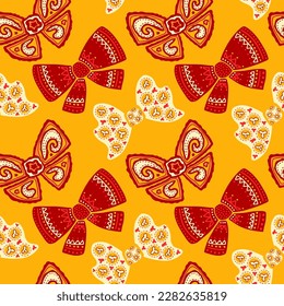 Red and yellow ornate Bow seamless pattern. Hand drawn flat design. For print on textile, wrapping paper, packaging, web design.