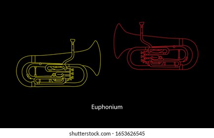 Red and yellow outline euphonium ensemble isolated on black background. Musical instruments for template or art school dictionary illustration