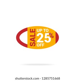 Red and yellow oval banner with up to 25% off offer and sale writing on it