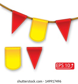 red and yellow paper flags on golden rope, isolated on white background vector
