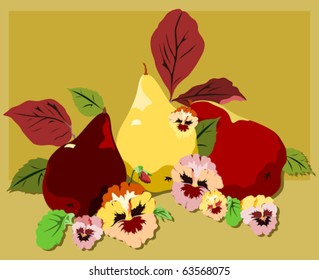 Red and yellow pears with fall blooming pansies