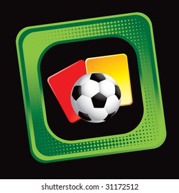 red and yellow penalty cards with soccer ball on tilted green halftone banner