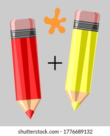 Red and Yellow pencil with rubber eraser of mixing color. Vector illustration for school, creativity, idea, education and design symbol.