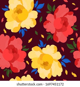 Red and yellow peony seamless pattern. Beautiful retro print for textiles. Arrangement with flowers roses.