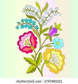Red, yellow peony, wildflowers, white lily of the valley, blue forget-me-not, ornament, folk costume for the holiday, printable postcards