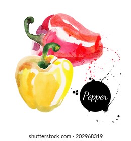 Red and yellow peppers. Hand drawn watercolor painting on white background. Vector illustration