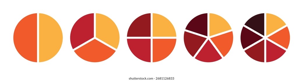 Gráfico de pizza vermelho amarelo infográfico para dados de negócios, compartilhamentos de marketing e análises financeiras. 2, 3, 4, 5 e 6 partes
