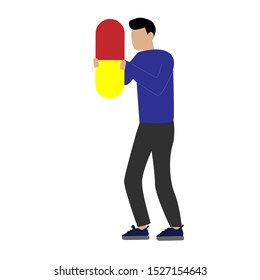 Red and yellow pill. Flat cartoon character isolated on white background