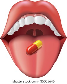 A red   yellow pill human tongue ready to be swallowed  Adobe Illustrator gradient mesh tool was used  CMYK color 