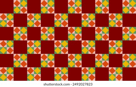red yellow pink orange and green pattern diamond on checkerboard double layer repeat pattern, replete image, design for fabric printing, chessboard