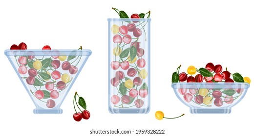 red, yellow and pink sweet cherries in glassware, isolated items on white background
