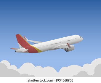 The red and yellow plane shot above the clouds