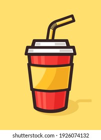 Red yellow plastic cup with straw for iced drink vector image.