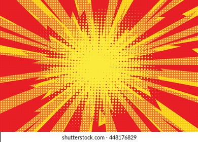 Red yellow pop art retro background cartoon lightning blast radiance vector illustration