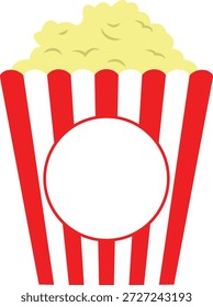 Ilustración vectorial circular del marco del monograma del cubo de las palomitas de maíz rojo y amarillo. Icono de cine minimalista con un marco geométrico, tonos festivos y una estética plana limpia aislada sobre fondo blanco. Gráfico de Profesional para la marca de la noche de la película, regalos personalizados del acontecimiento, y corte del vinilo.