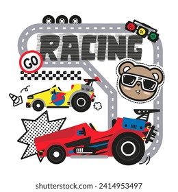 Red and yellow racing cars with cute bear wearing sunglasses on race circuit isolated on white background illustration vector.