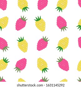 Red and yellow raspberries seamless pattern on a white background.