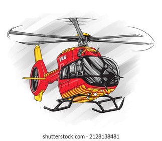 Red and yellow rescuers helicopter vector clip art