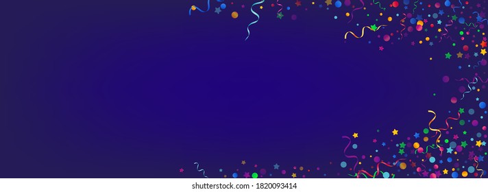 Fondo azul del vector festivo de cinta roja y amarilla. Rama de partículas aisladas. Invitación a la celebración de Confetti. Ilustración de papel de color.