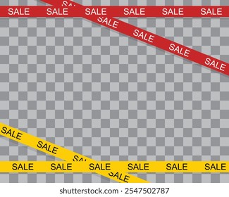 Red and yellow ribbons on transparent background for Black Friday. Simple template with crossing realistic sale tapes, discount. Stripes with border for sale. Flyer for promotion, shopping. 