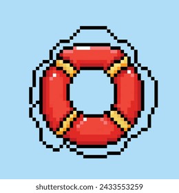 Red and yellow ring buoy tire float. Ban renang. Pixel art retro vintage video game bit vector illustration. Simple flat cartoon art styled drawing isolated on square background.