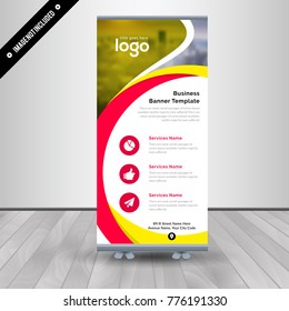 Red & Yellow Roll Up Banner template vector illustration,polygon background ,standy design , display,advertisement
