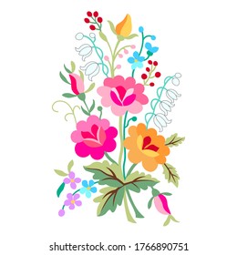 Red, yellow rose, white lilies of the valley, blue forget-me-nots, stylized vector flowers, leaves, hand-drawn set, pattern for embroidering a folk costume for the holiday, postcard printing
